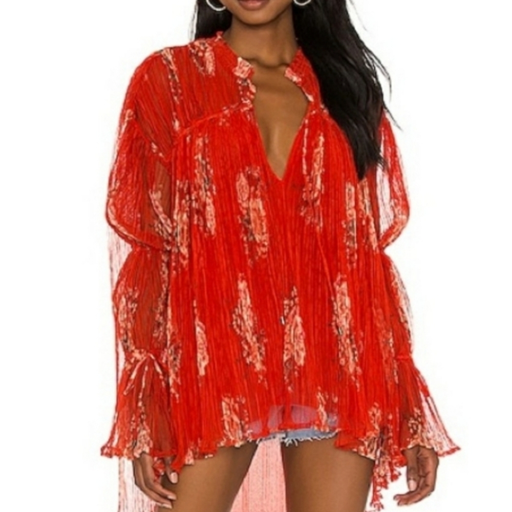 Free People Red Floral Blouse